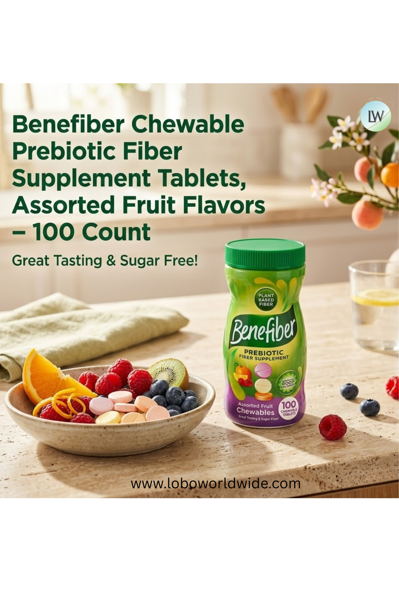 Benefiber Chewable Prebiotic Fiber Supplement Tablets, Assorted Fruit Flavors - 100 Count