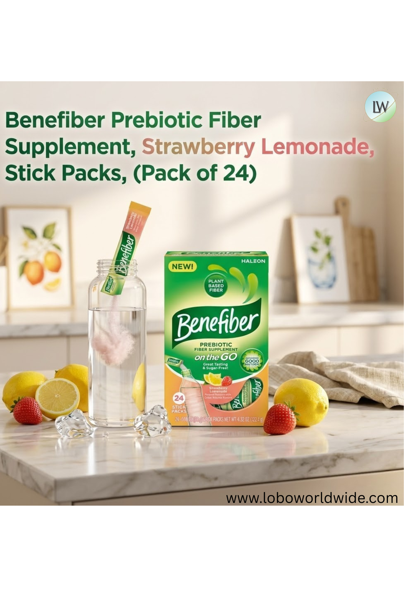 Benefiber Prebiotic Fiber Supplement, Strawberry Lemonade, Stick Packs, (Pack of 24)