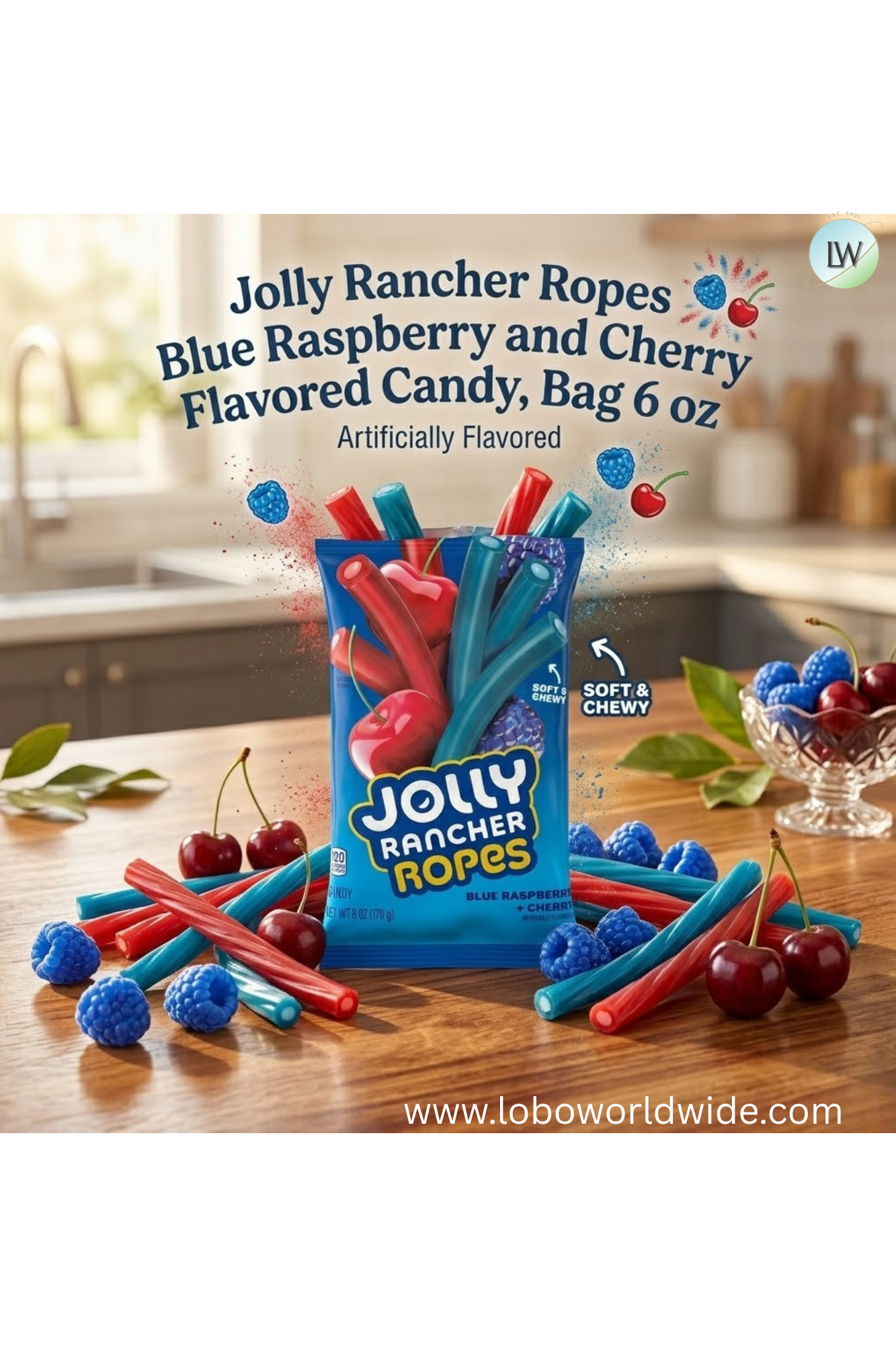 Jolly Rancher Ropes Blue Raspberry and Cherry Flavored Candy, Bag 6 oz - pack of 2
