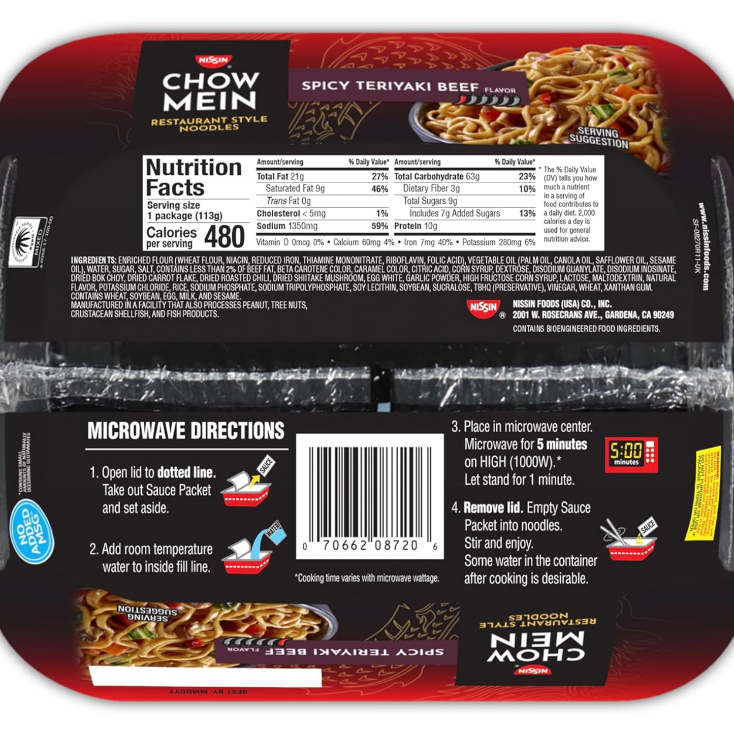 Nissin Chow Mein Noodles, Spicy Teriyaki Beef, 10g Protein, 4 Ounce (Pack of 8)
