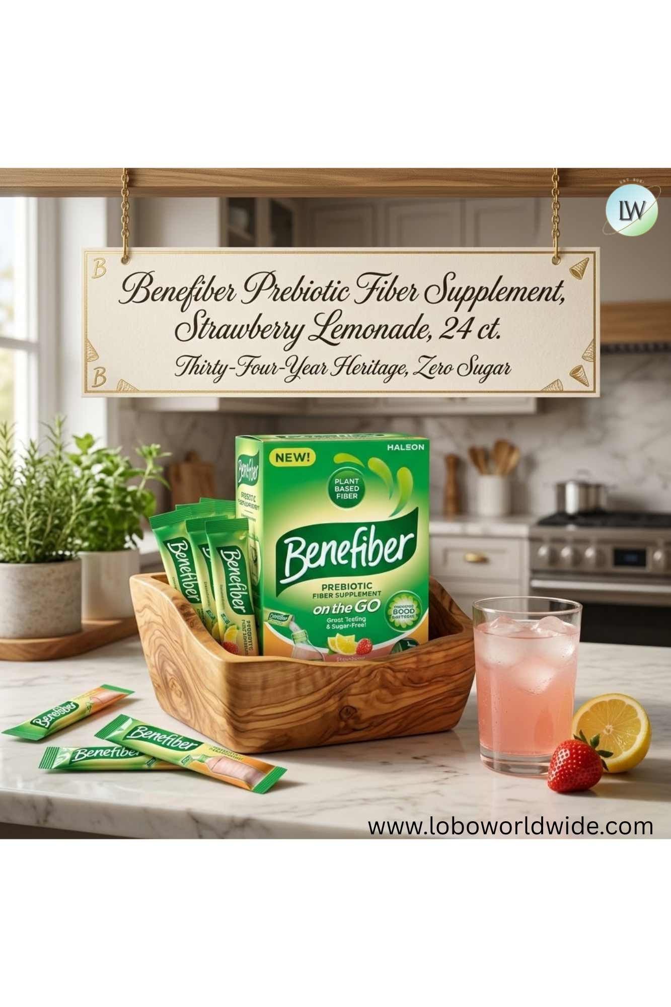 Benefiber Prebiotic Fiber Supplement, Strawberry Lemonade, 24 ct.