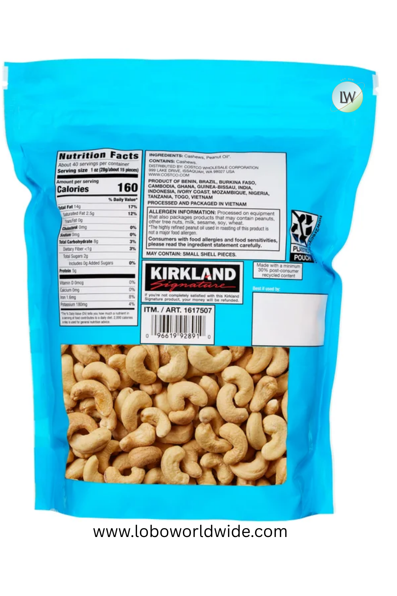Kirkland Signature Fancy Whole Cashews, Unsalted, 2.5 lbs