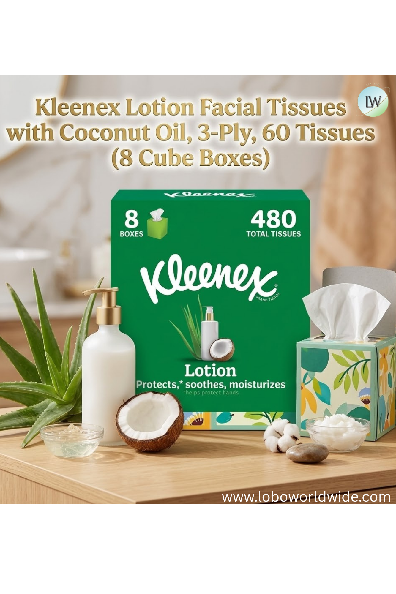 Kleenex Lotion Facial Tissues with Coconut Oil, 3-Ply, 60 Tissues (8 Cube Boxes)