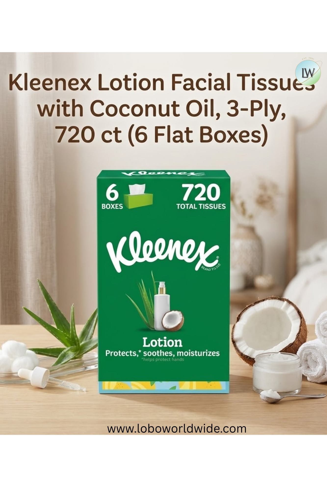 Kleenex Lotion Facial Tissues with Coconut Oil, 3-Ply, 720 ct (6 Flat Boxes)