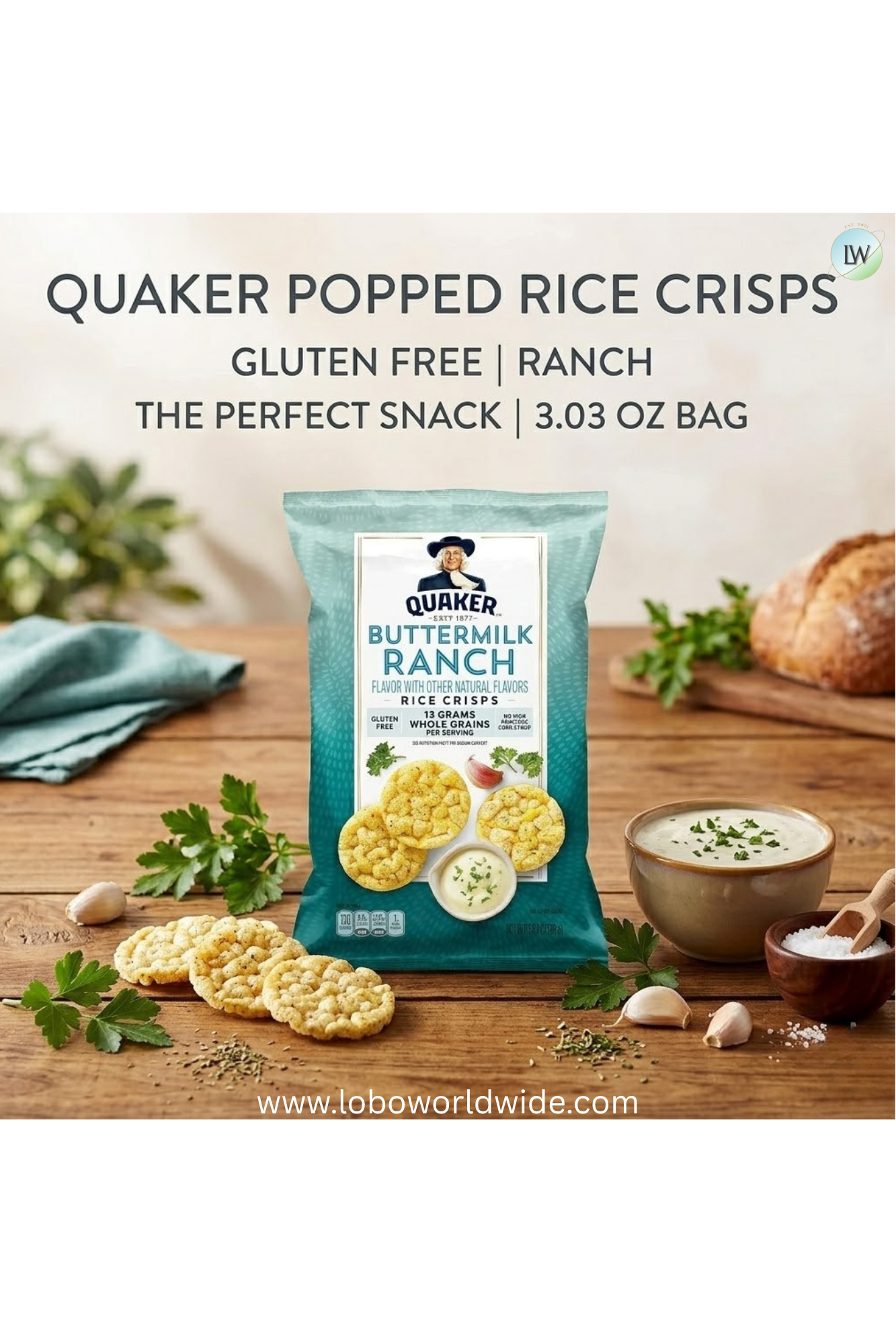 Quaker Popped Rice Crips, Gluten Free, Ranch, Small Bag, 3.03 Ounce