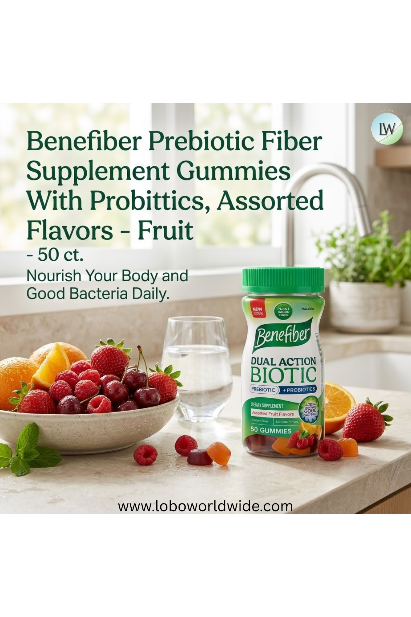Benefiber Prebiotic Fiber Supplement Gummies With Probiotics, Assorted Fruit Flavors - 50 ct.