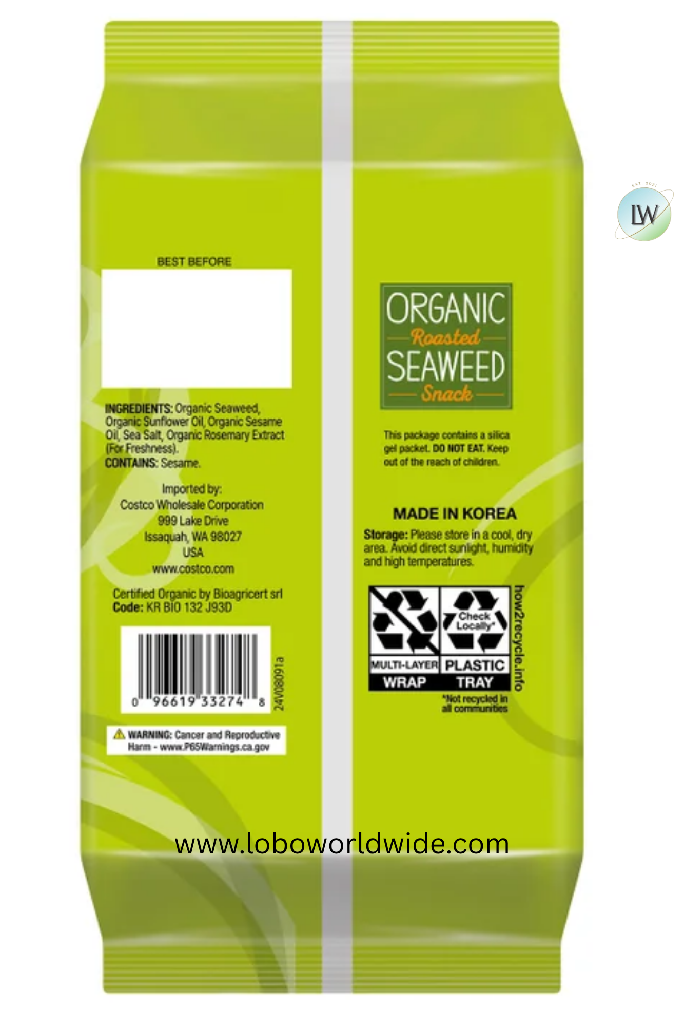Kirkland Signature Organic Roasted Seaweed, 0.6 oz, 10-count