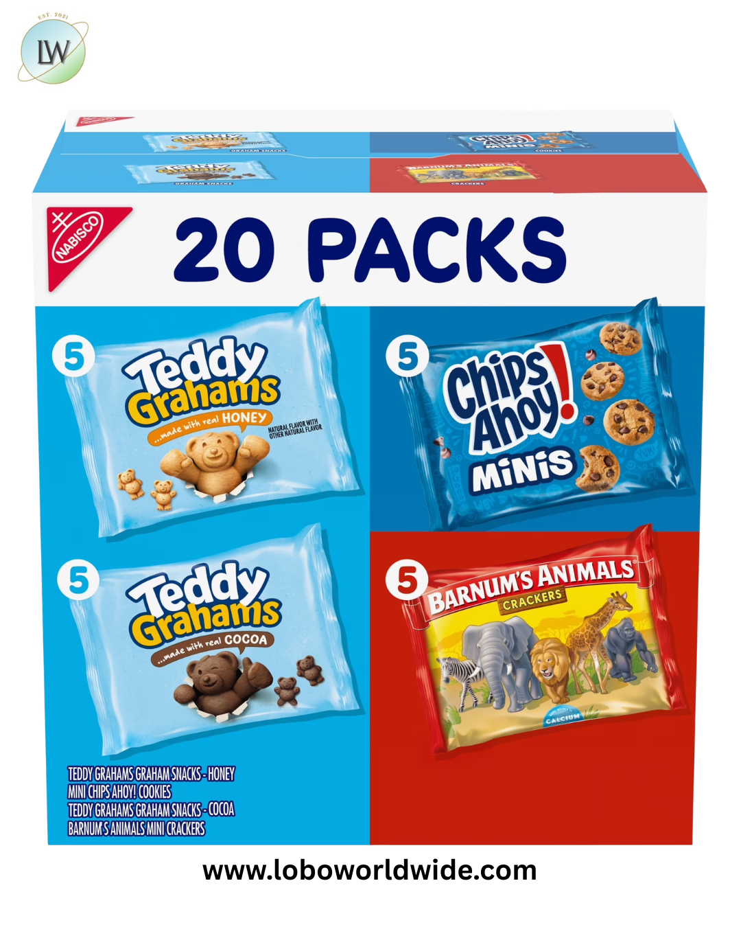 Nabisco Variety Pack, Barnum's Animal Crackers, Teddy Grahams & CHIPS AHOY! Cookies, 20 Snack Packs