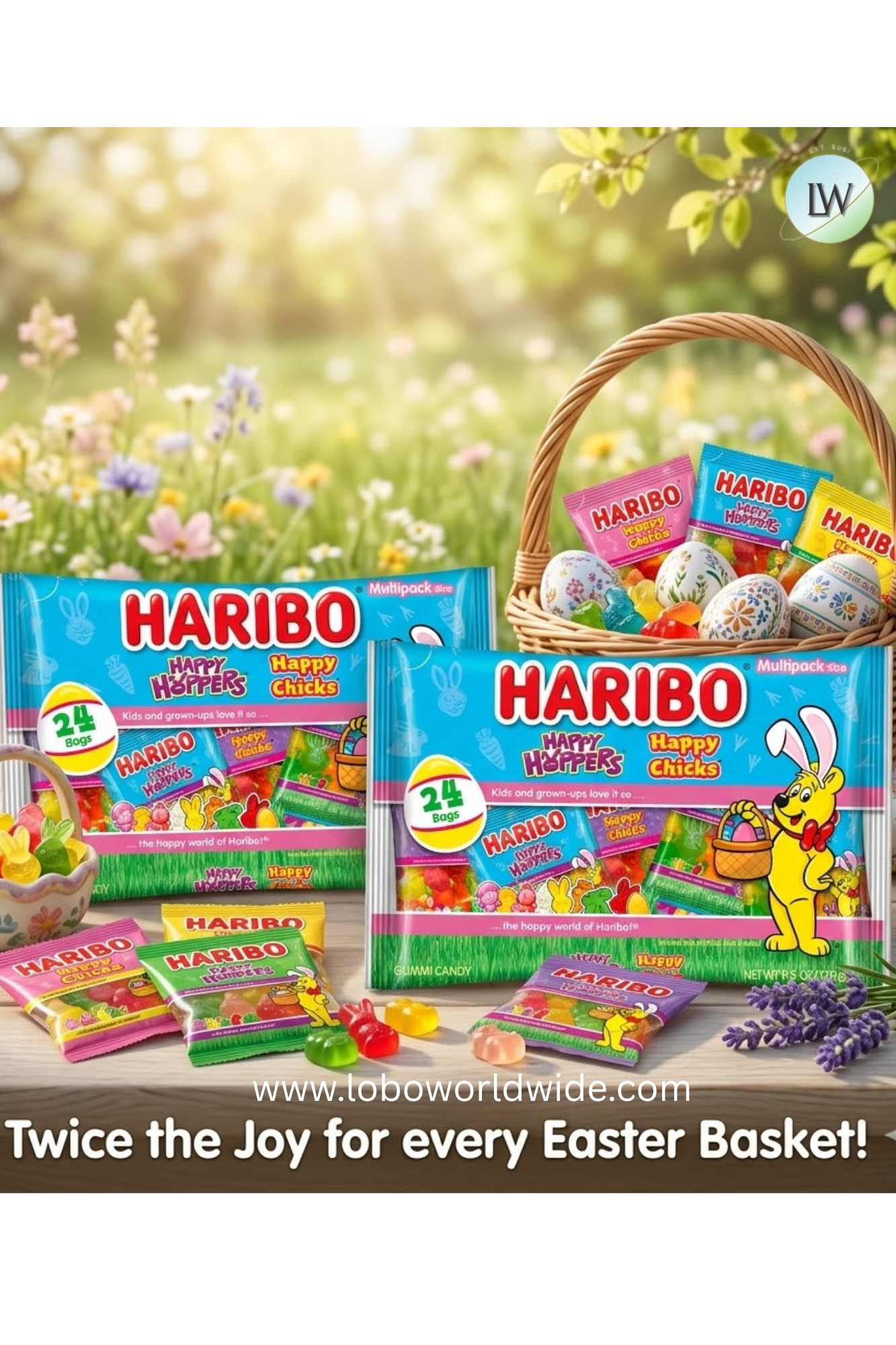 HARIBO Happy Chicks and Happy Hoppers Assorted Easter Shaped Fruit Flavor Gummy Candy, 9.5oz, 24ct Mini .4oz Bags - - pack of 2