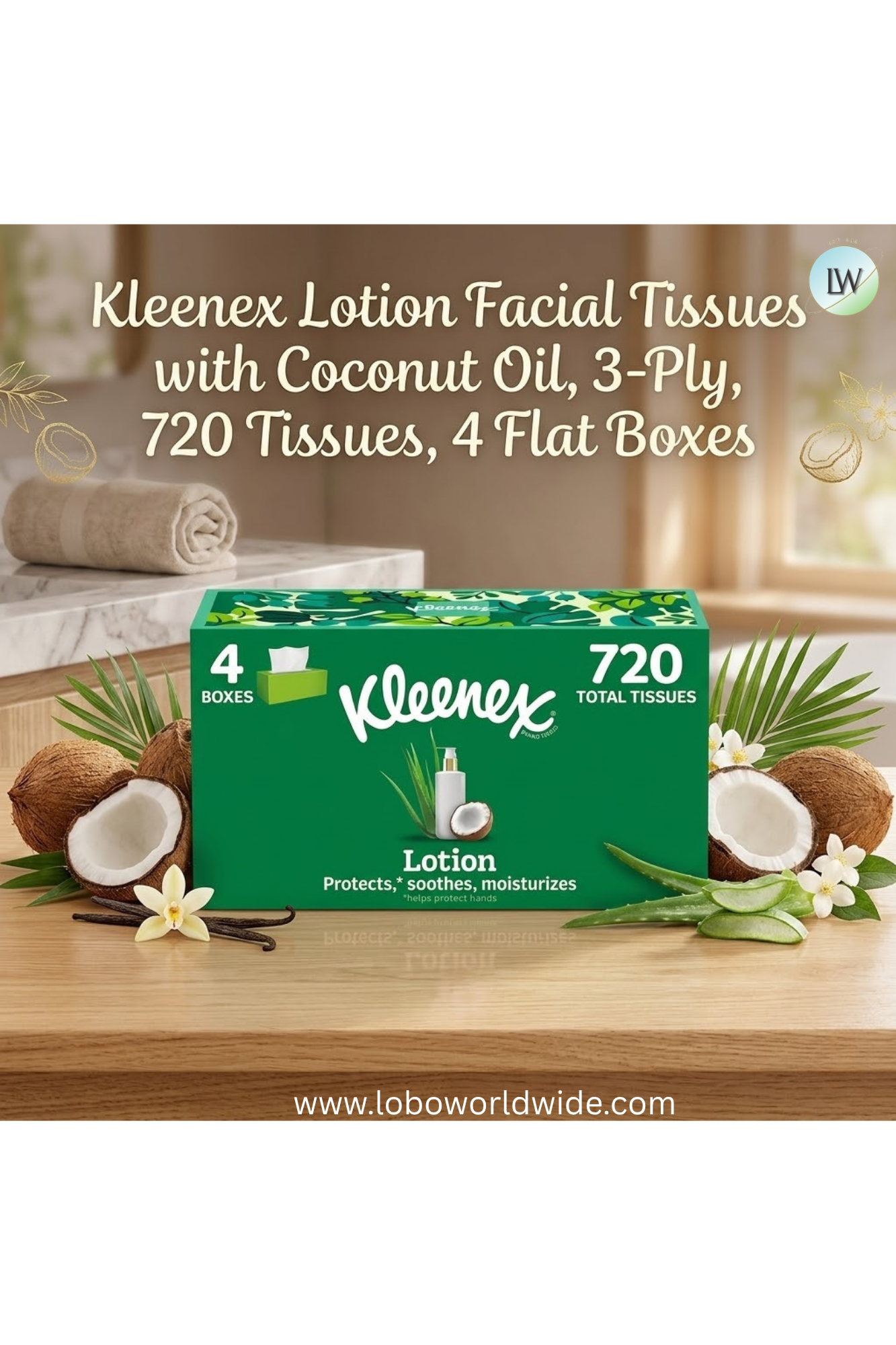 Kleenex Lotion Facial Tissues with Coconut Oil, 3-Ply, 720 Tissues, 4 Flat Boxes