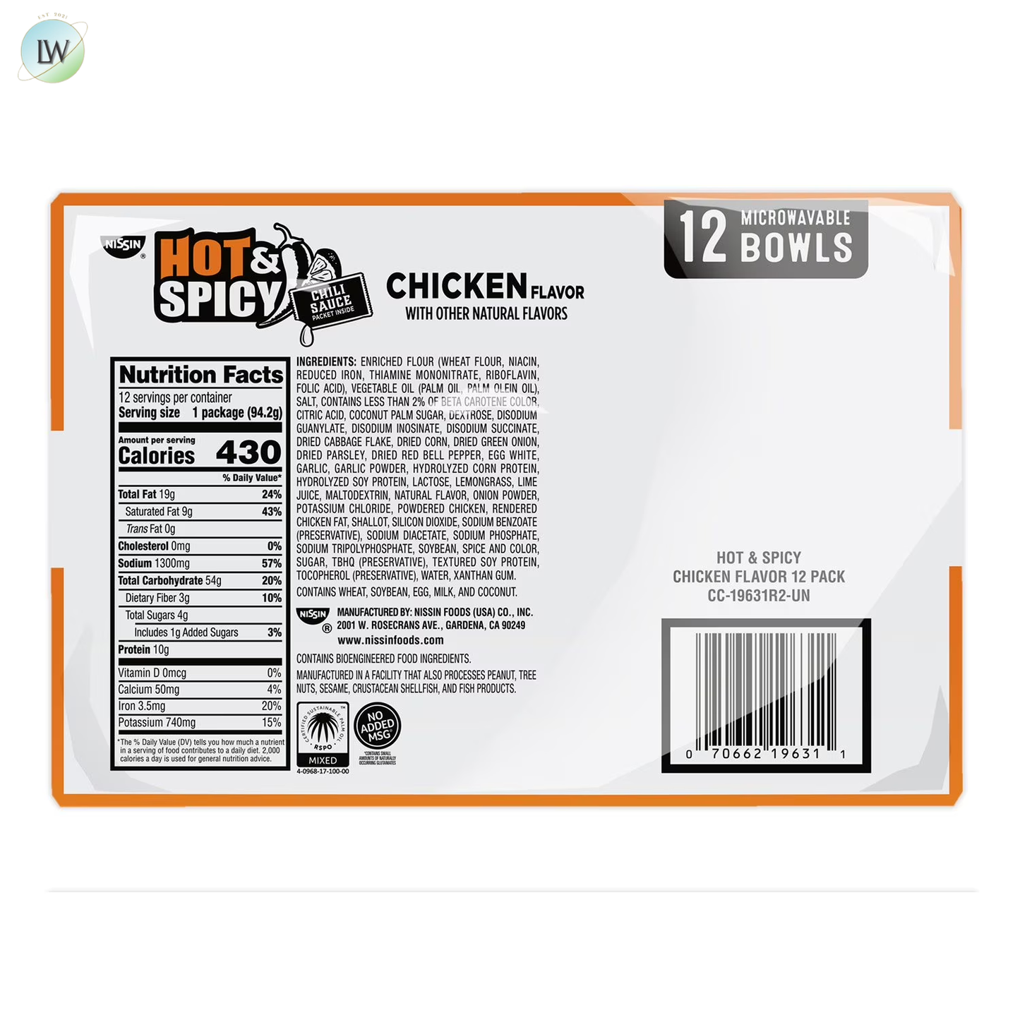 Nissin Hot and Spicy Ramen Noodle Soup Bowl, Chicken Flavor, 3.32 oz., 12 pk.