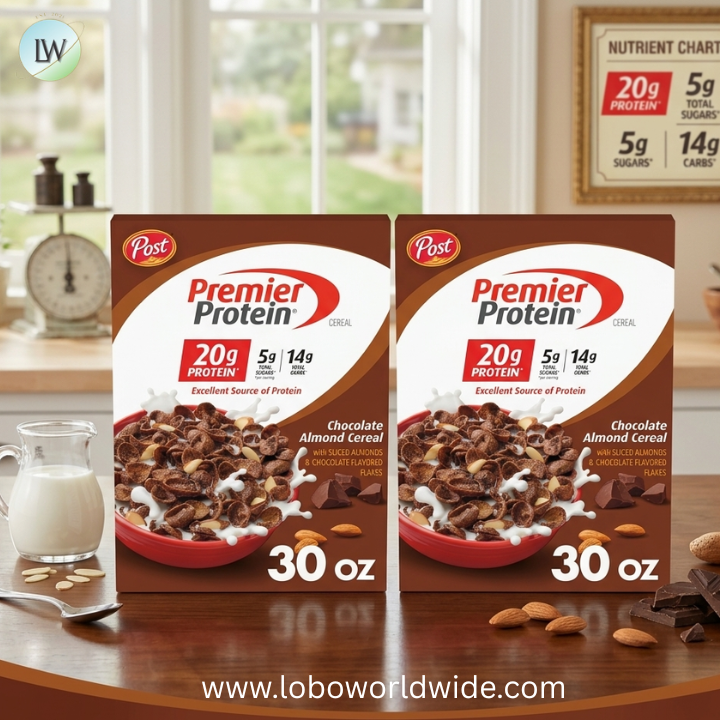 Post Premier Protein Chocolate Almond Cereal, Chocolatey Protein Cereal Flakes with Sliced Almonds, Contains 20g of Protein Per Serving.