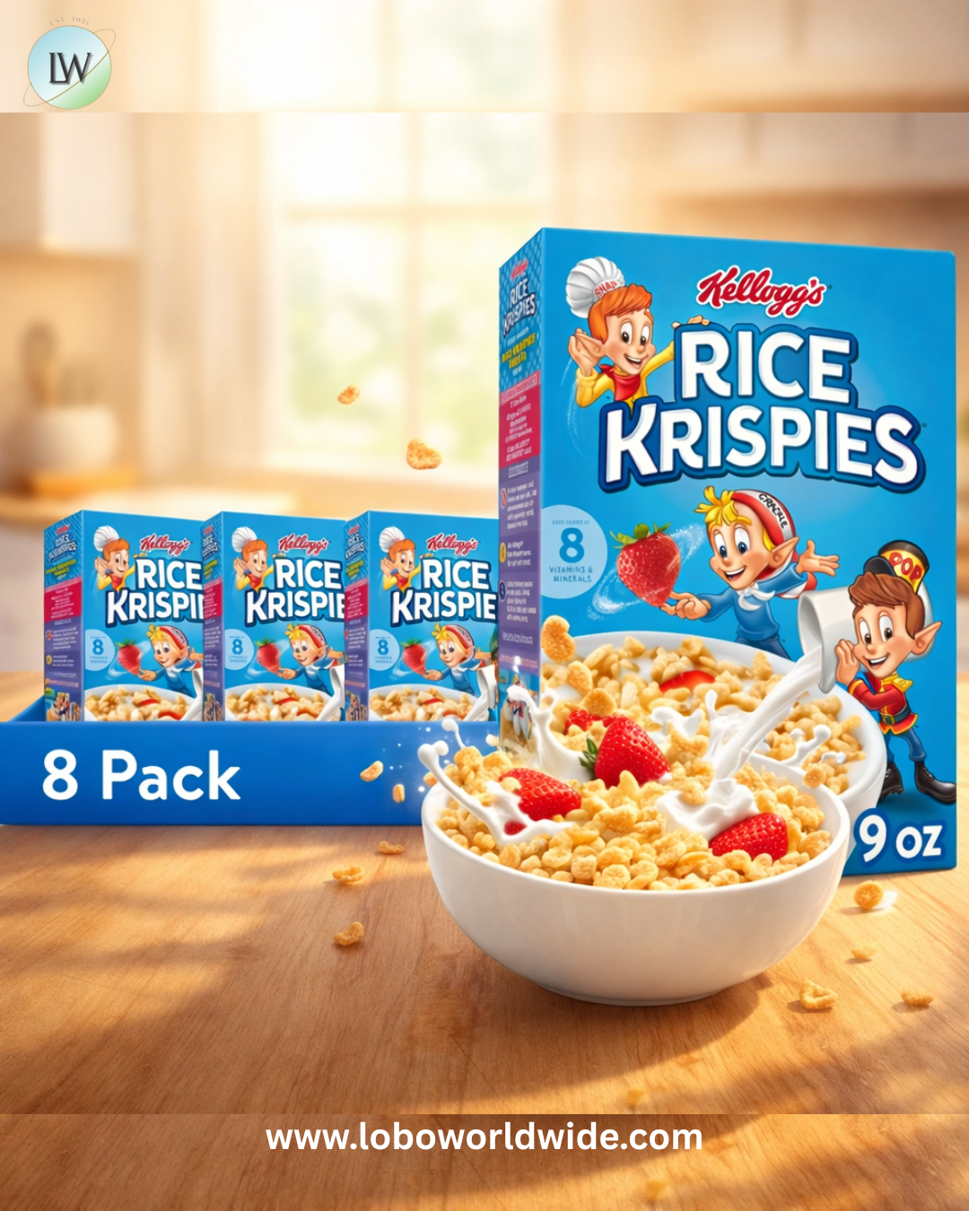 (8 pack) Kellogg's Rice Krispies Breakfast Cereal, 8 Vitamins and Minerals, 9 oz