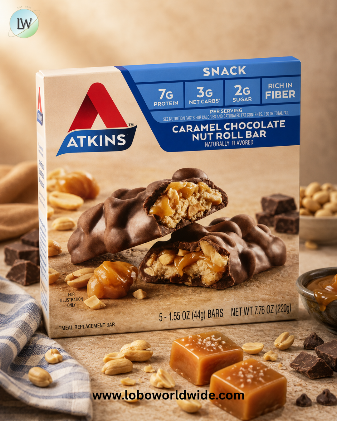 Atkins, Caramel Chocolate Nut Roll Bar, 5 Bars, 1.55 oz (44 g) Each