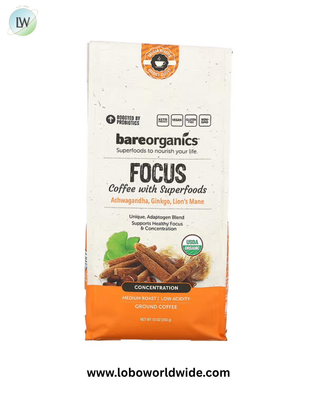 BareOrganics, Focus Coffee With Superfoods, Ground, Medium Roast, 10 oz (283 g)