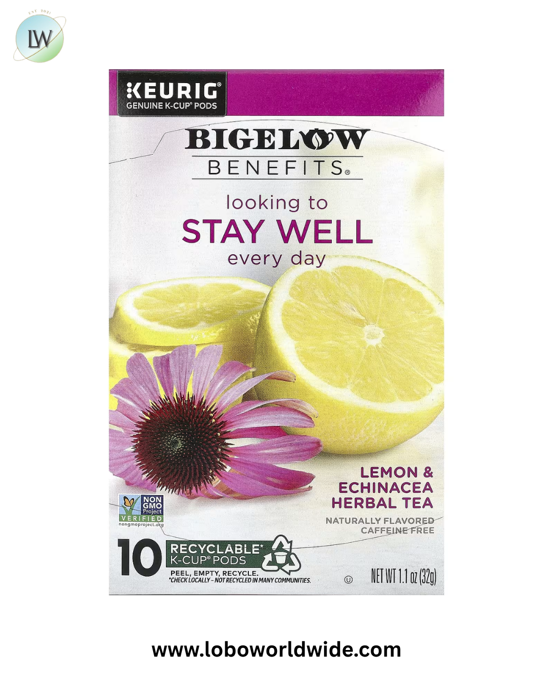 Bigelow, Benefits®, Stay Well Herbal Tea, Lemon & Echinacea, 10 K-Cup® Pods, 1.1 oz (32 g)