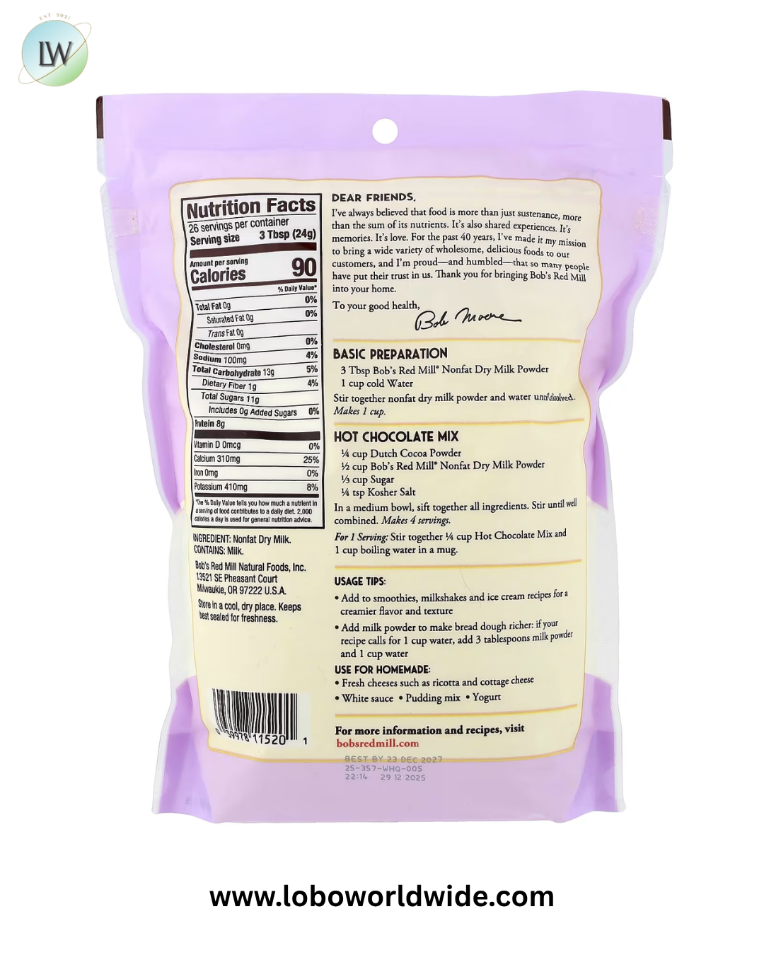 Bob's Red Mill, Milk Powder, Nonfat Dry, 22 oz (624 g)