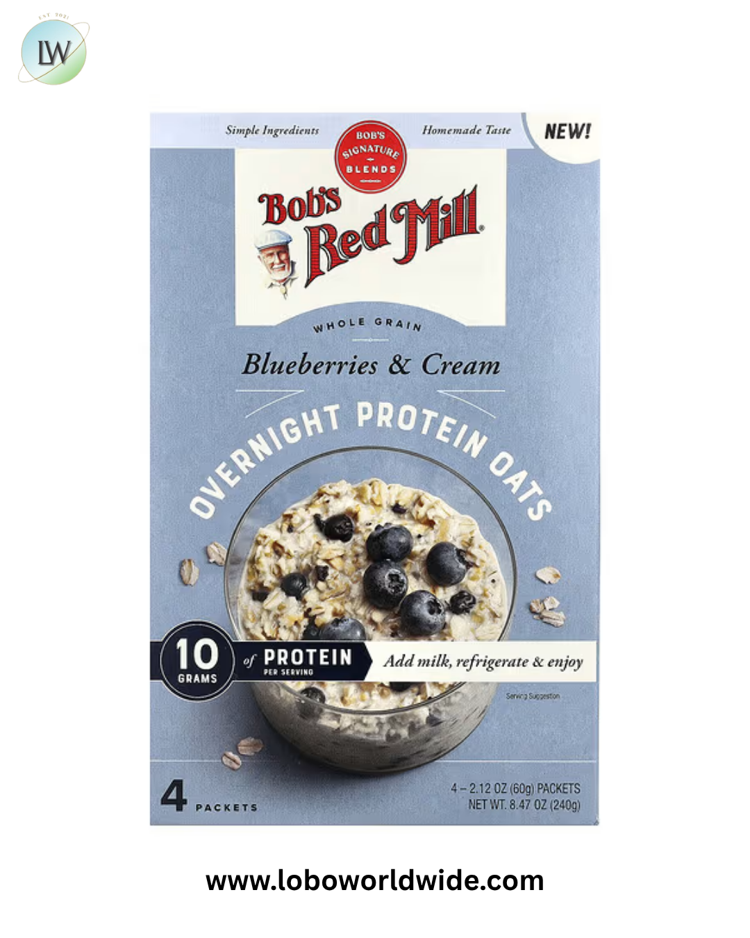 Bob's Red Mill, Overnight Protein Oats, Whole Grain, Blueberries & Cream, 4 Packets, 2.12 oz (60 g) Each