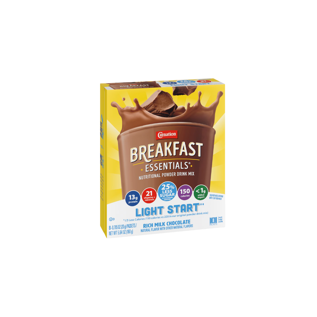 Carnation Breakfast Essentials Light Start Nutritional Powder Drink Mix Rich Milk Chocolate, 8 Count Box of 0.705 oz Packets (Pack of 8 Boxes)