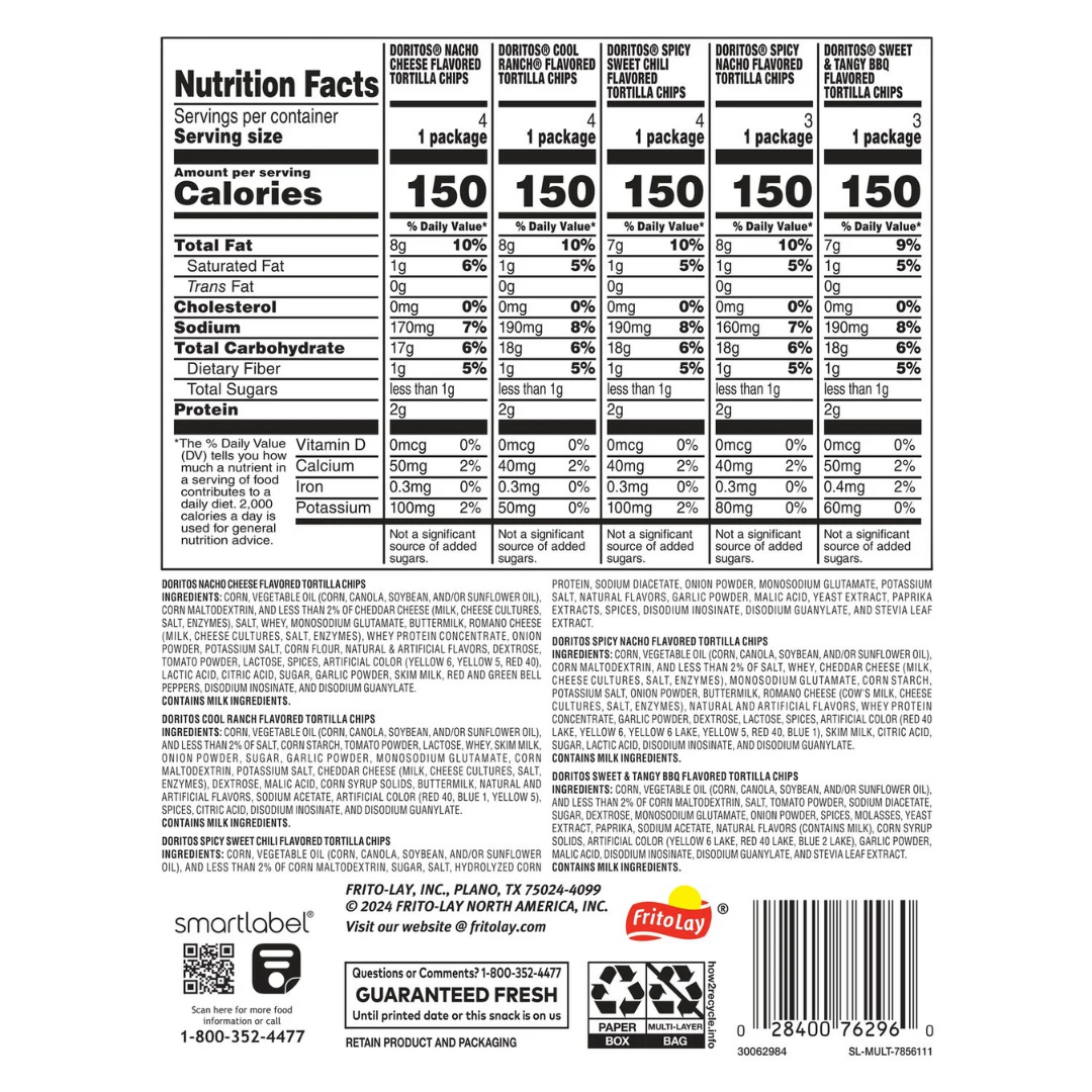 Doritos Tortilla Chips 5 Flavor Variety Pack Snack Chips, 1 oz Bags, 18 Count