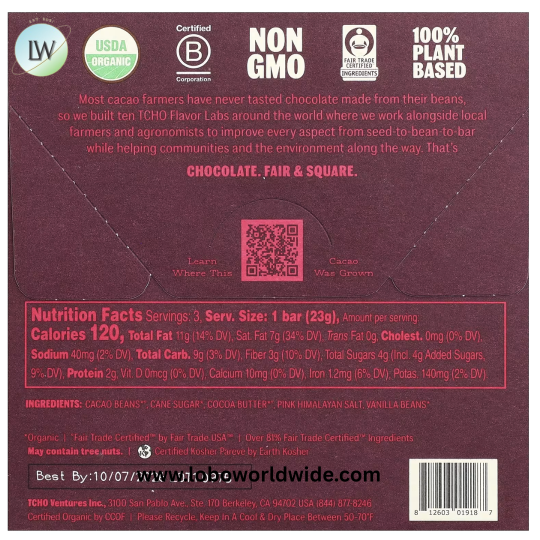TCHO, Dark & Salty, Dark Chocolate with Pink Himalayan Salt, 81% Cacao, 3 Bars, 0.83 oz Each