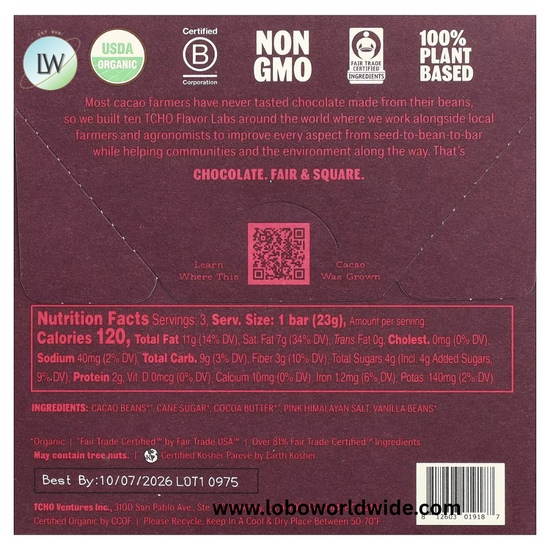 TCHO, Dark & Salty, Dark Chocolate with Pink Himalayan Salt, 81% Cacao, 3 Bars, 0.83 oz Each