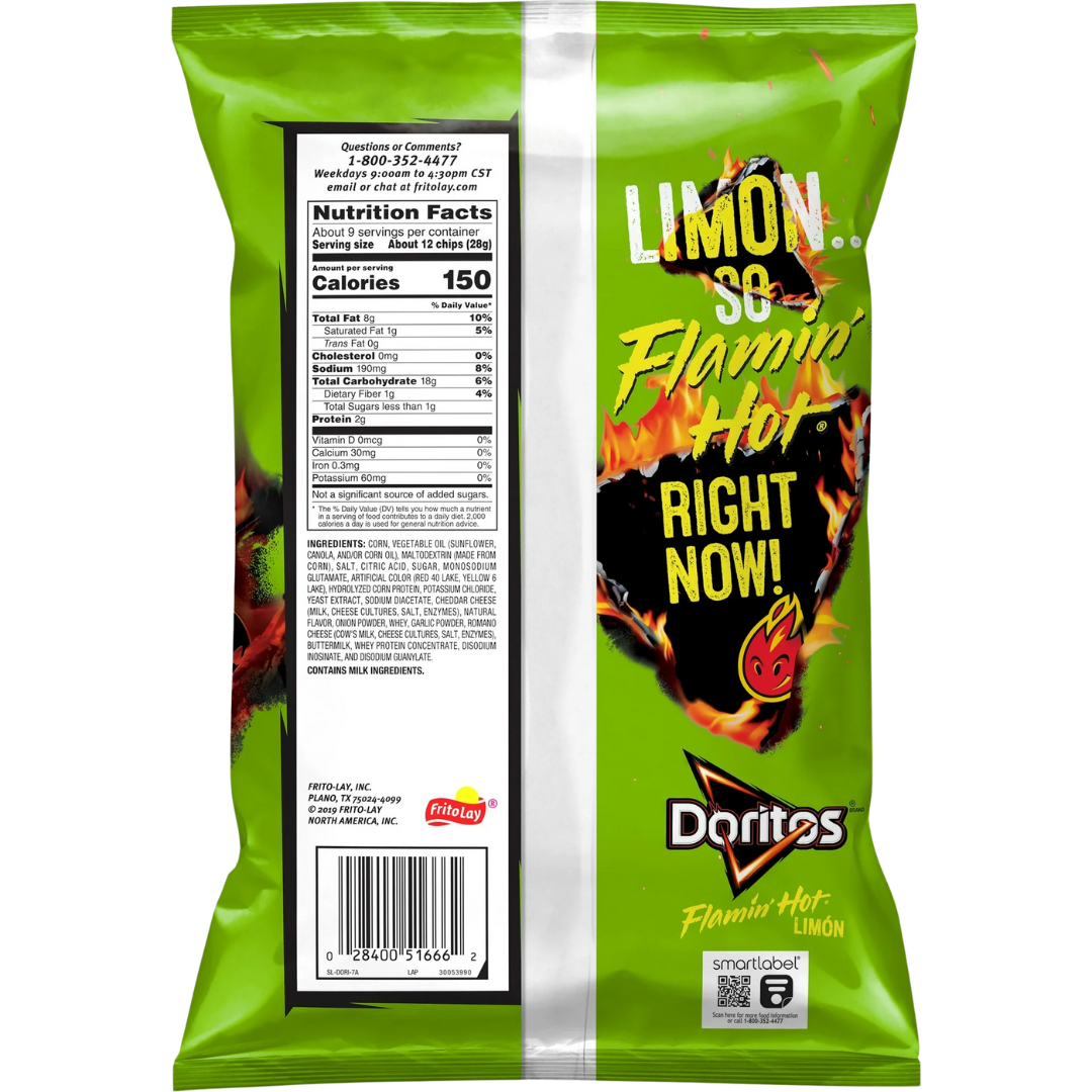 Doritos Flamin' Hot Limon Flavored Tortilla Chips, 9.25 oz Bag