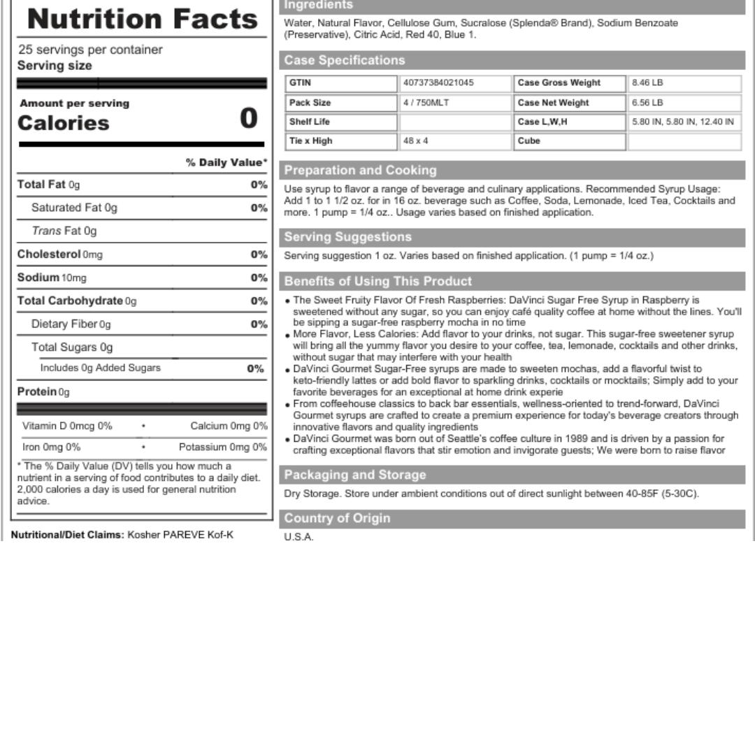 DaVinci Gourmet Sugar Free Raspberry Flavoring / Fruit Syrup