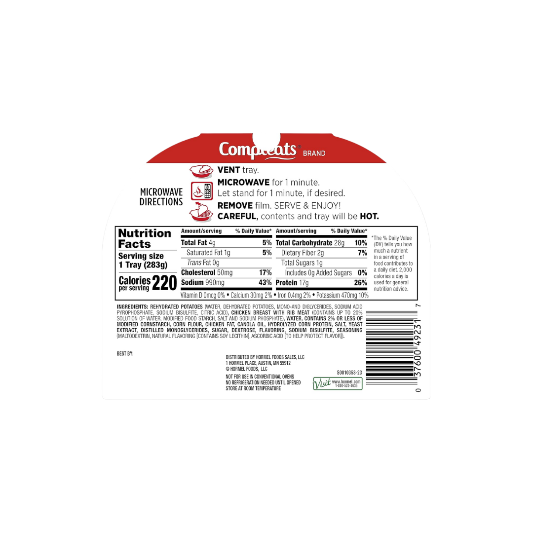 HORMEL COMPLEATS Chicken Breast & Mashed Potatoes With Gravy Microwave Tray, 10 oz (Pack of 6)