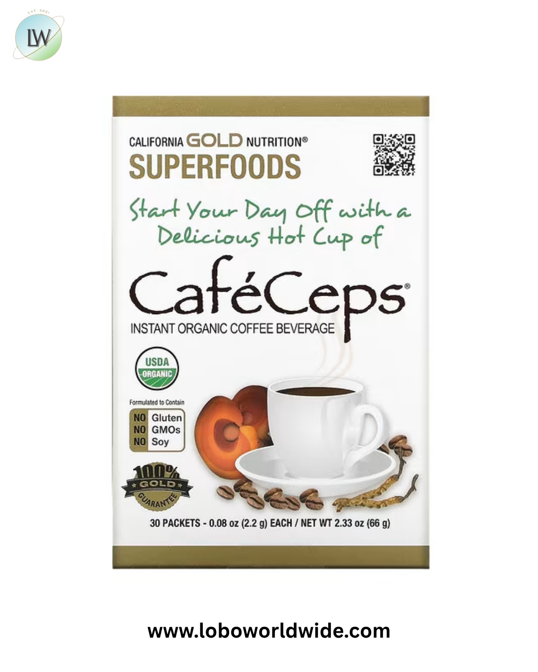 California Gold Nutrition, CafeCeps, Certified Organic Instant Coffee with Cordyceps, and Reishi Mushroom Powder, 30 Packets, 0.08 oz (2.2 g) Each