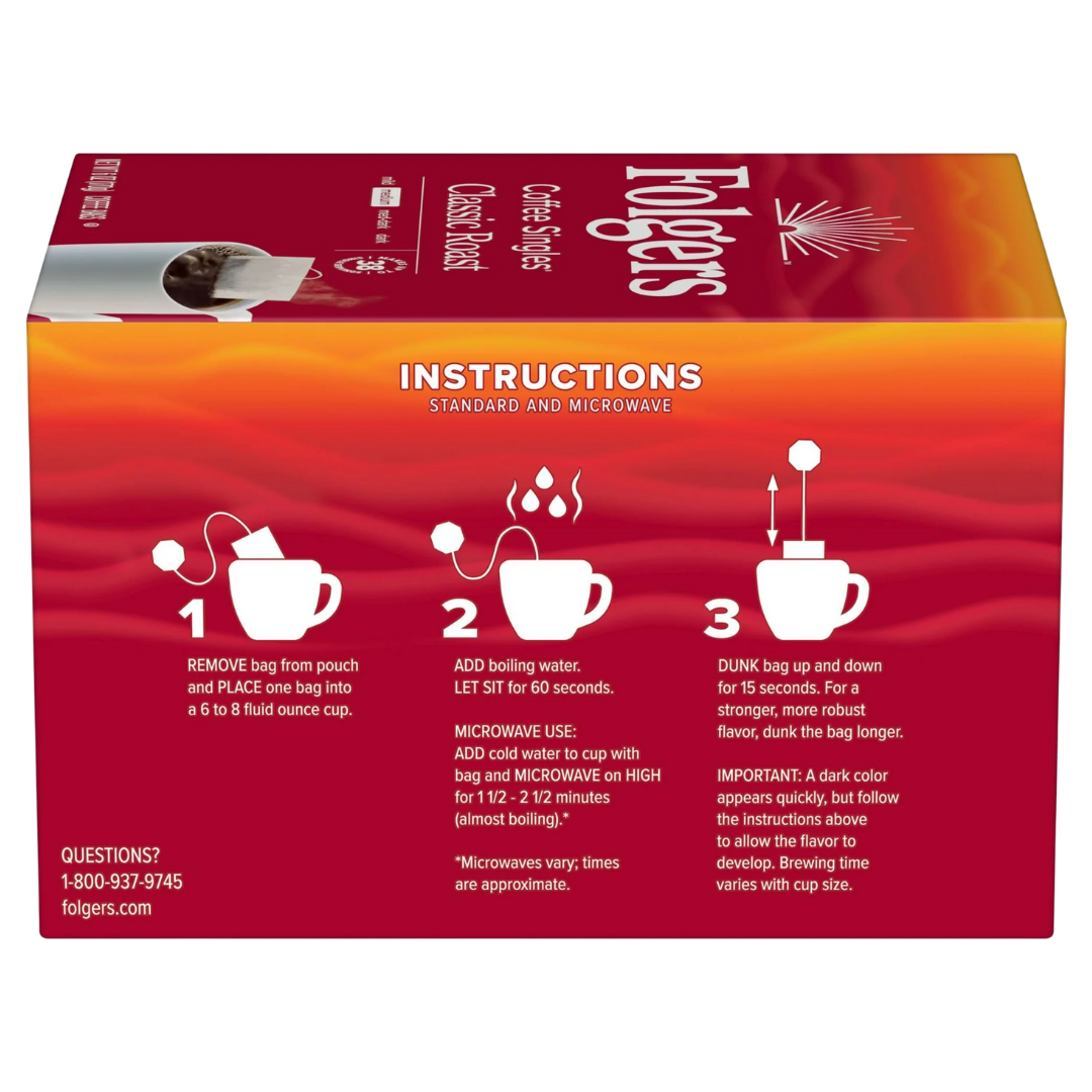 Folgers Coffee Singles Classic Roast Coffee Bags, 38 Count