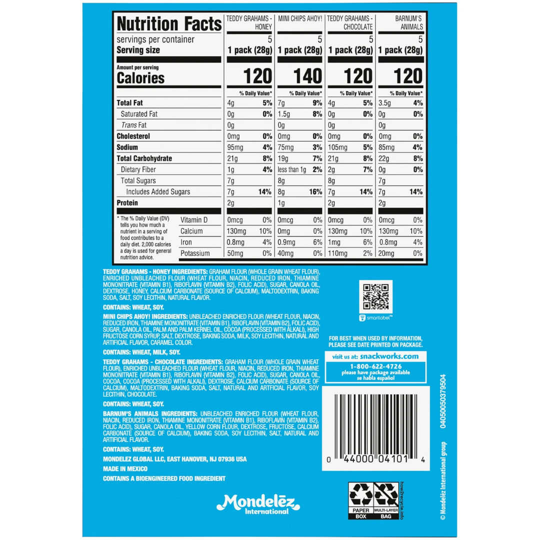 Nabisco Variety Pack, Barnum's Animal Crackers, Teddy Grahams & CHIPS AHOY! Cookies, 20 Snack Packs