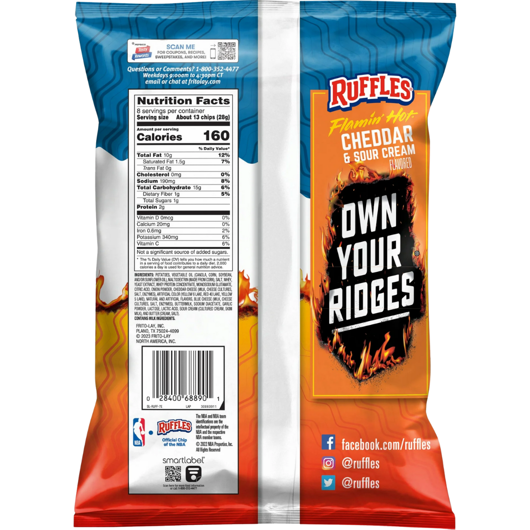 Ruffles Flamin' Hot Cheddar and Sour Cream Flavored Potato Snack Chips, 8 Ounce Bag