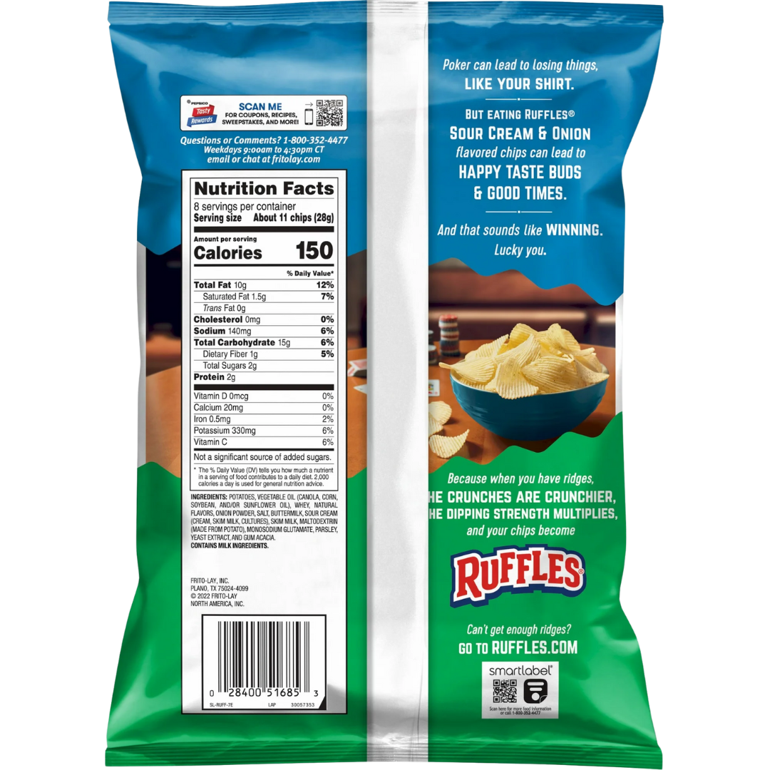 Ruffles Potato Chips Sour Cream & Onion Flavor Snack Chips, 8.0 Ounce Bag