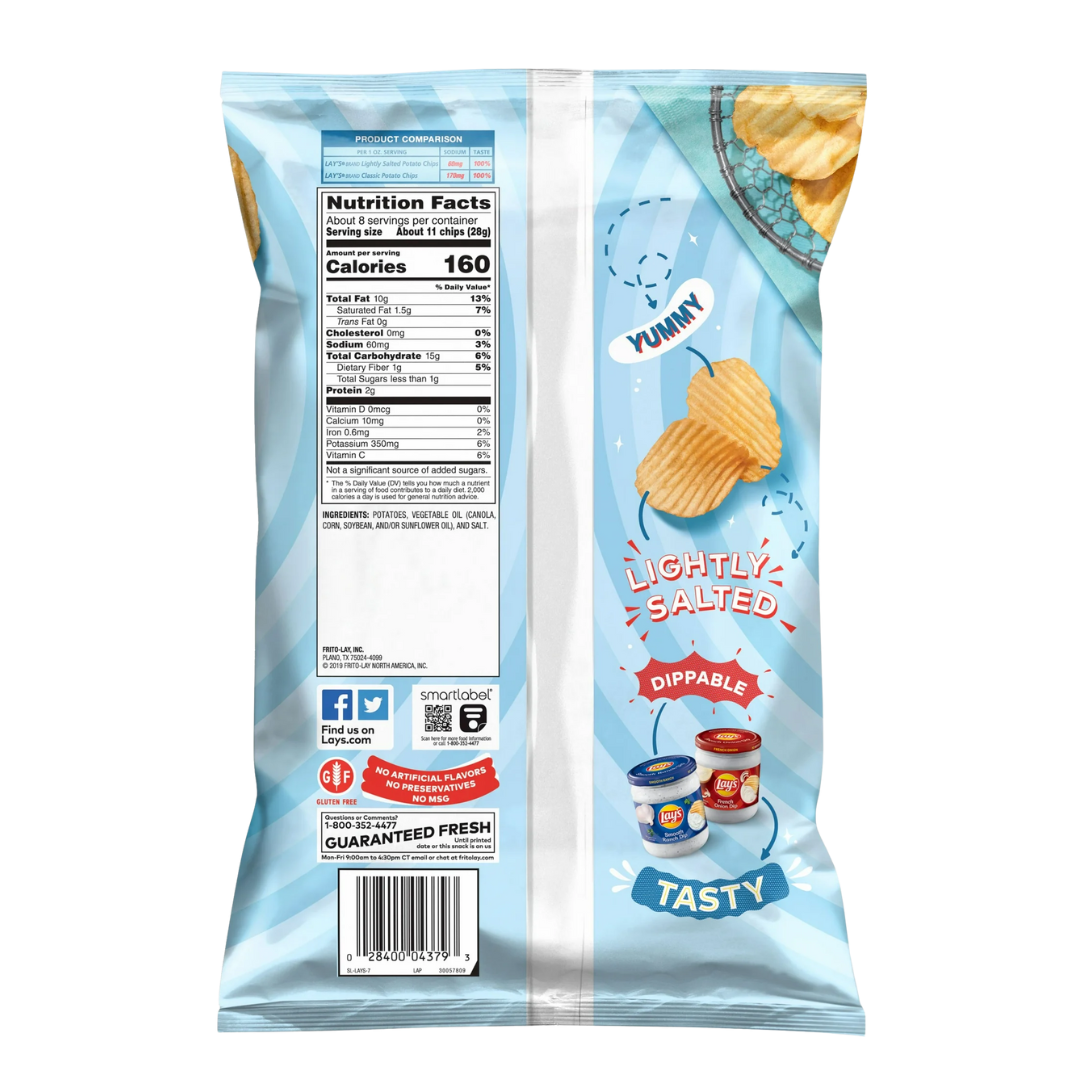 Lay's Wavy Potato Chips Lightly Salted Snack Chips, 7.5 Ounce Bag