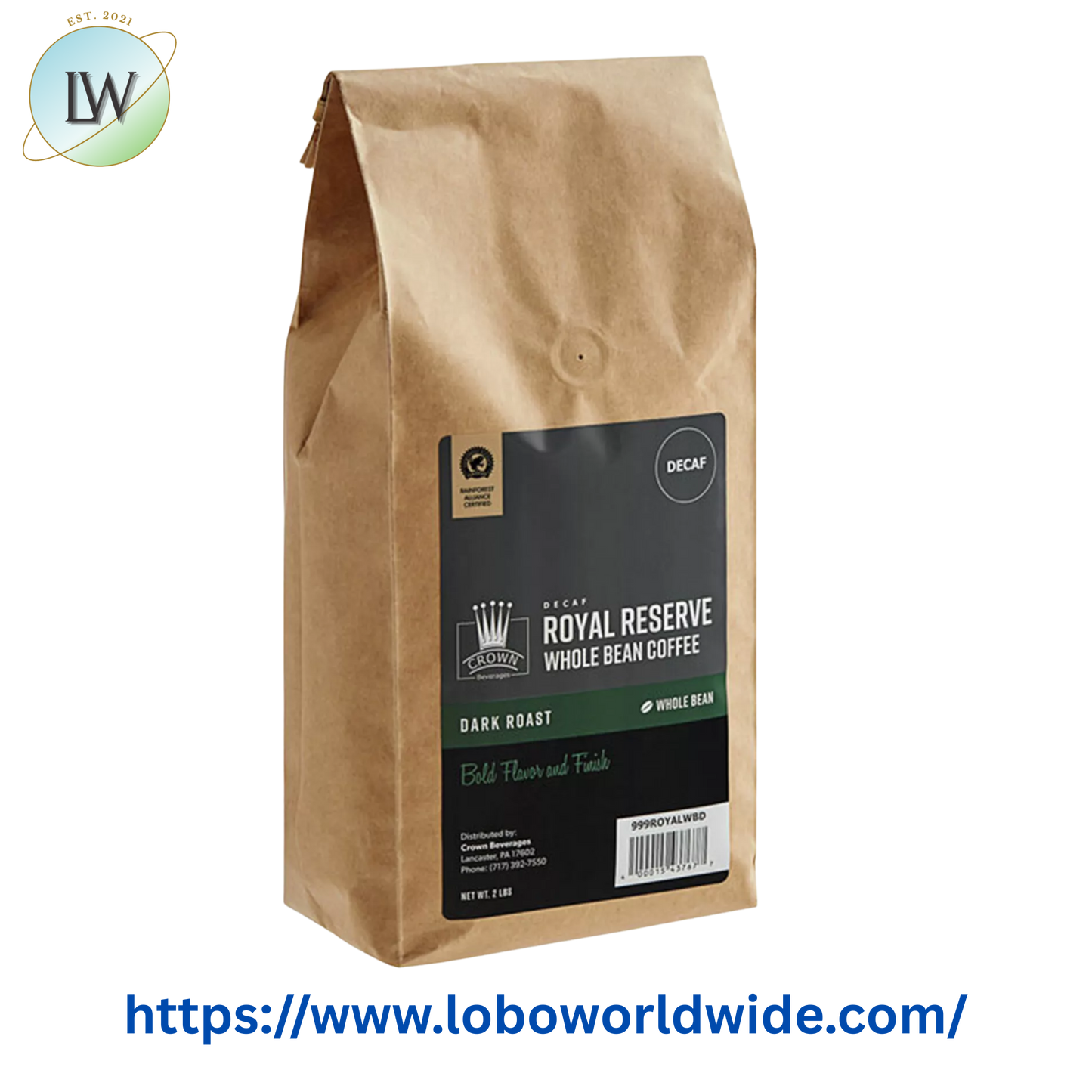 Crown Beverages Royal Reserve Sumatra Decaf Whole Bean Coffee 2 lb.