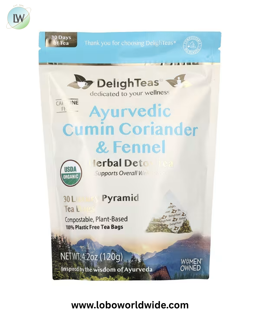 DelighTeas, Ayurvedic Cumin Coriander & Fennel, Herbal Detox Tea, Caffeine Free, 30 Luxury Pyramid Tea Bags, 4.2 oz (120 g)