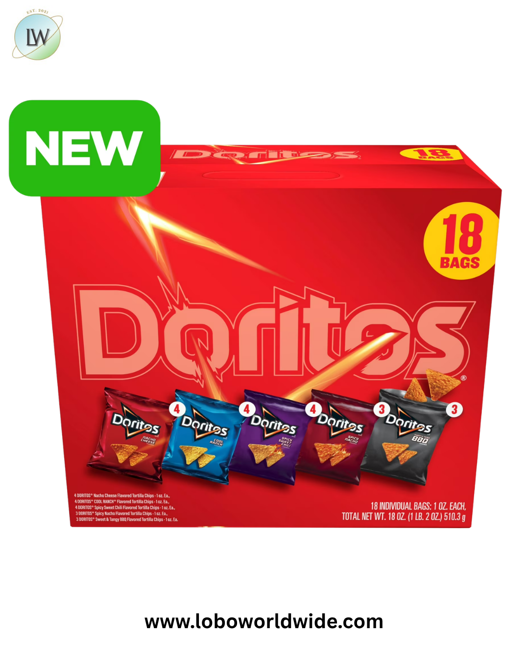 Doritos Tortilla Chips 5 Flavor Variety Pack Snack Chips, 1 oz Bags, 18 Count