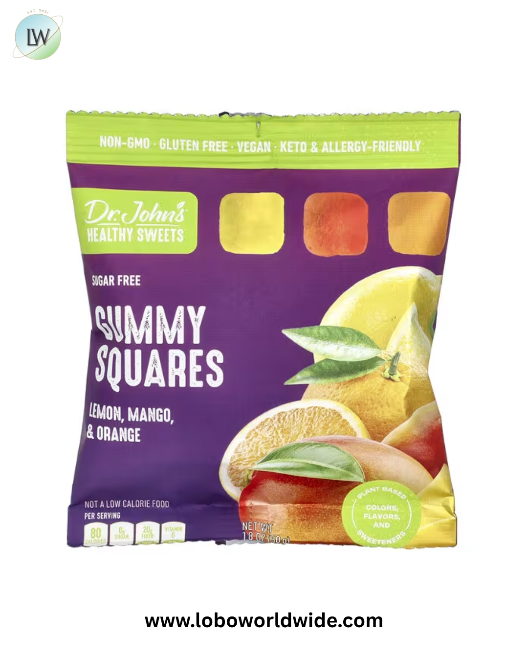 Dr. John's Healthy Sweets, Gummy Squares, Sugar Free, Lemon, Mango & Orange, 1.8 oz (50 g)