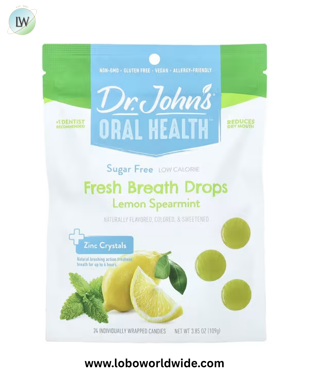Dr. John's Healthy Sweets, Oral Health™, Fresh Breath Drops, + Zinc Crystals, Lemon Spearmint, Sugar Free, 24 Individually Wrapped Candies, 3.85 oz (109 g)