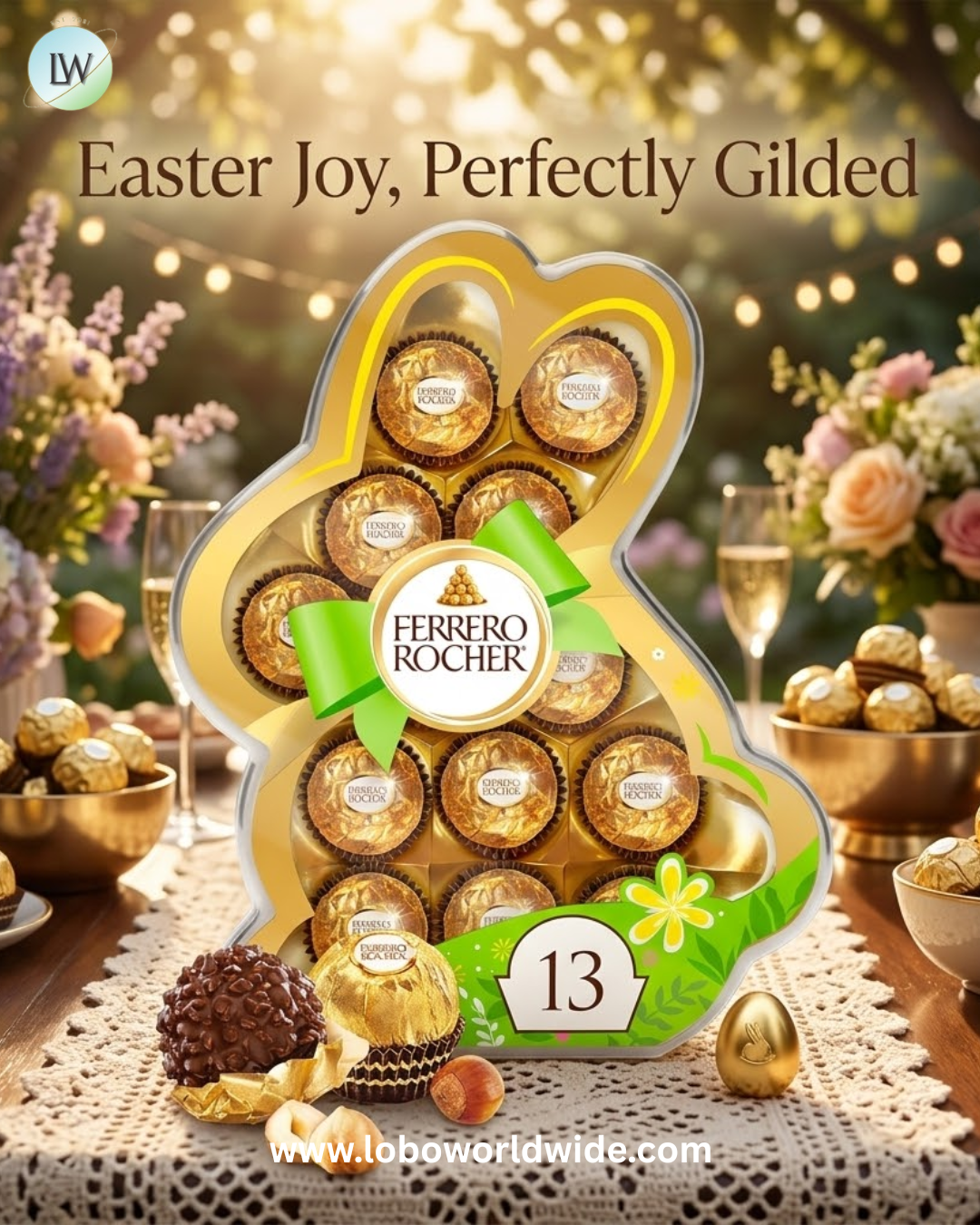 Ferrero Rocher, 13 Count, Premium Gourmet Milk Chocolate Hazelnut, Individually Wrapped Candy for Gifting in a Bunny-Shaped Box, Great Easter Gift, 5.7 oz
