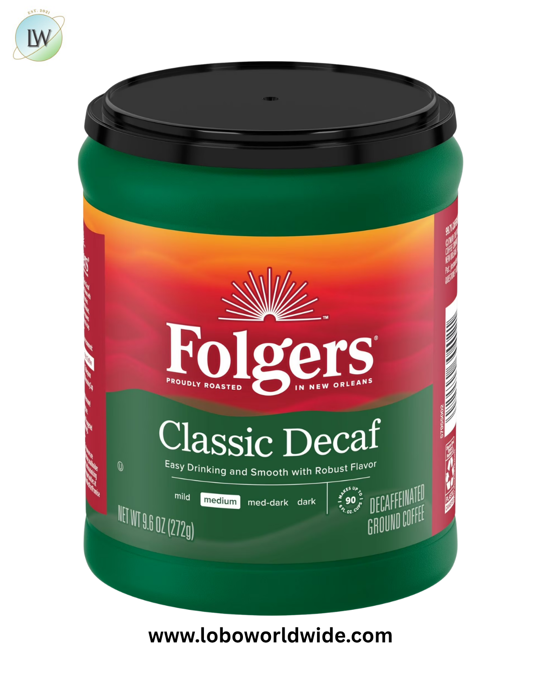 Folgers Decaf Coffee, Ground Coffee, Classic Medium Roast, 9.6 oz Canister