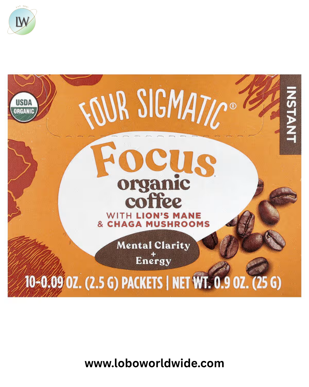 Four Sigmatic, Focus, Instant Organic Coffee with Lion's Mane & Chaga Mushrooms, Medium Roast, 10 Packets, 0.09 oz (2.5 g) Each