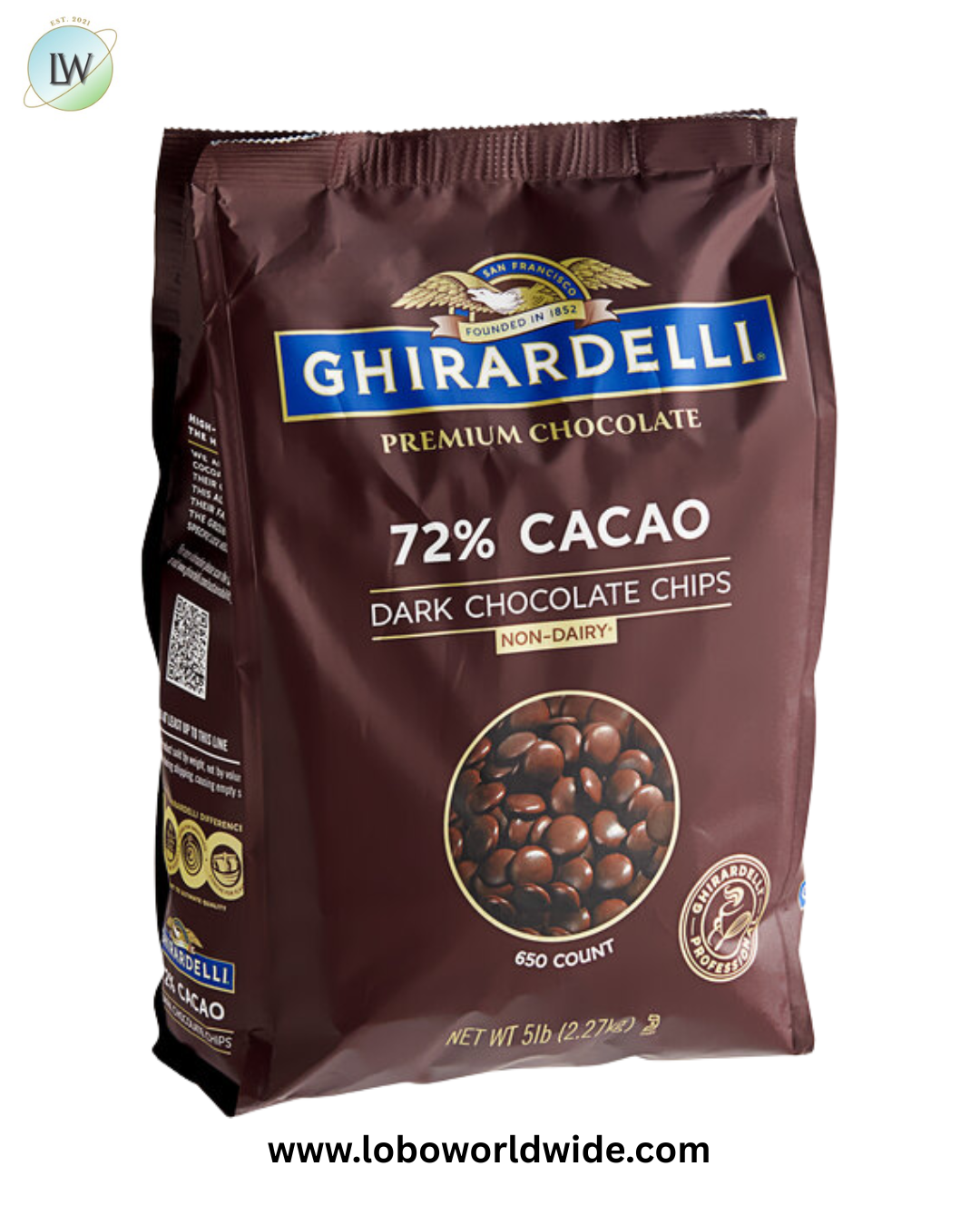 Ghirardelli Non-Dairy Dark Chocolate Baking Chips, 72% Cacao, .65M, 5 lb.