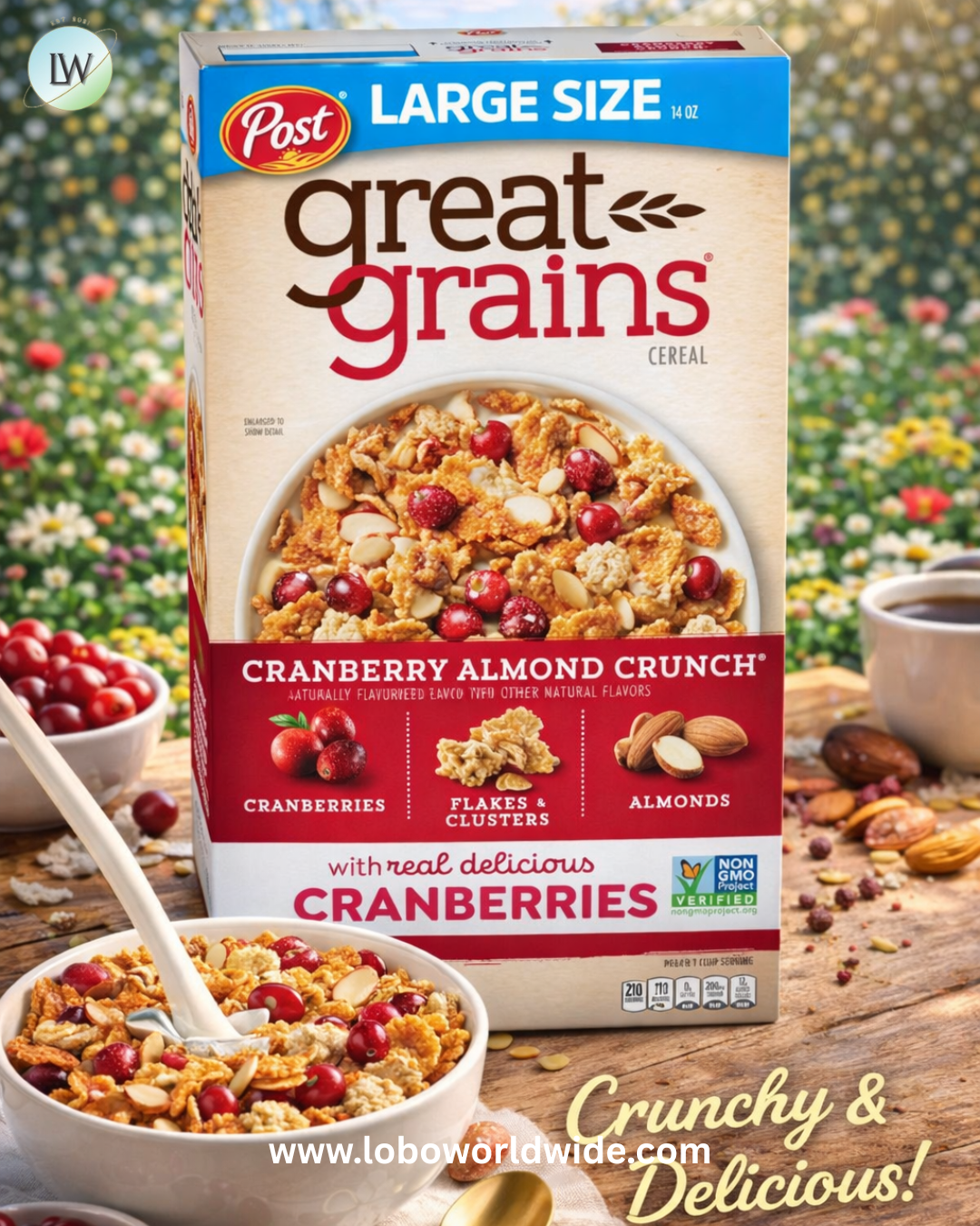 Great Grains Cranberry Almond Crunch Breakfast Cereal for Adults, Dried Cranberries and Almonds, Made with Whole Grain, Non-GMO, Heart Healthy, 14 OZ Box