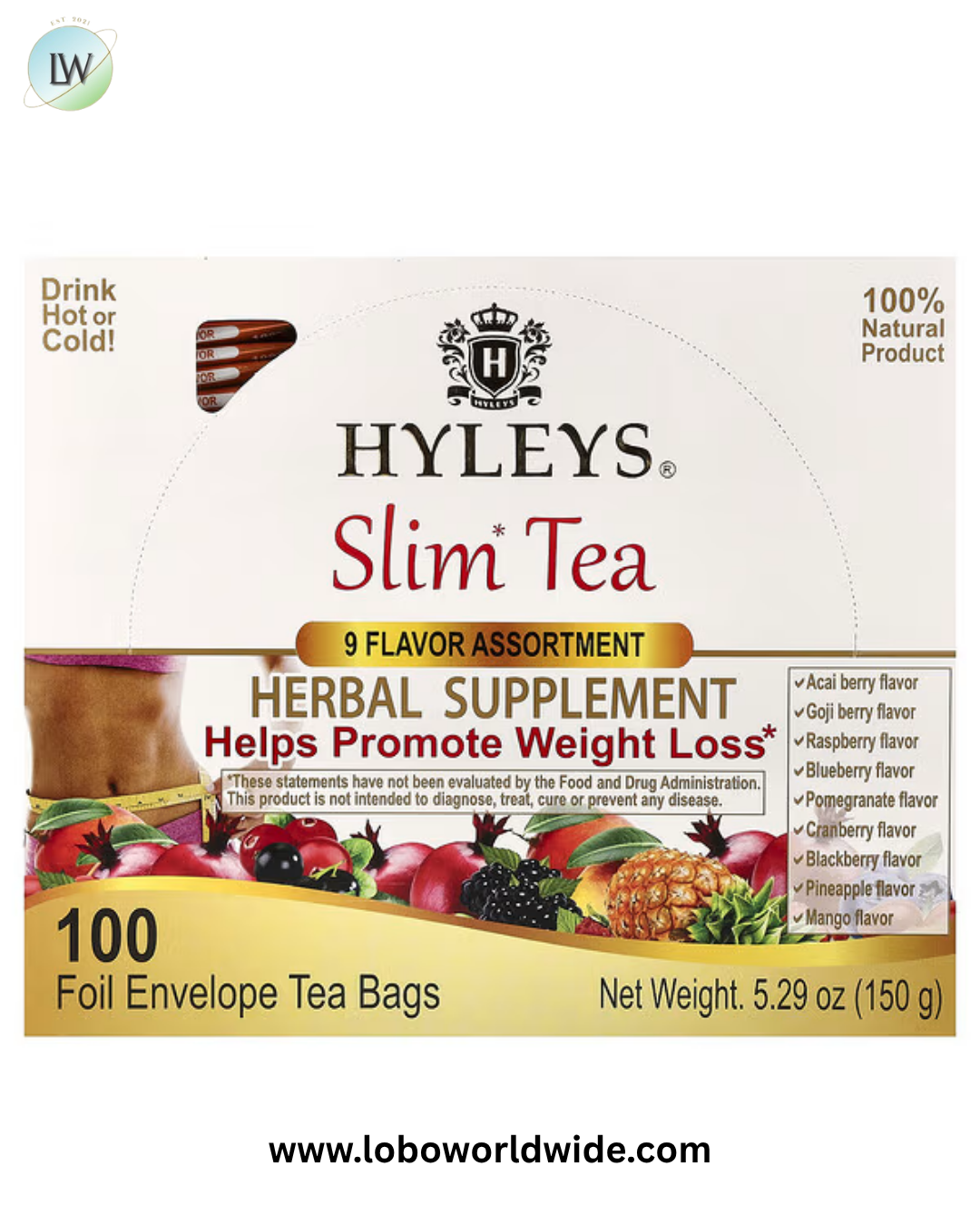 Hyleys Tea, Slim Tea, 9 Flavor Assortment , 100 Foil Envelope Tea Bags, 5.29 oz (150 g)