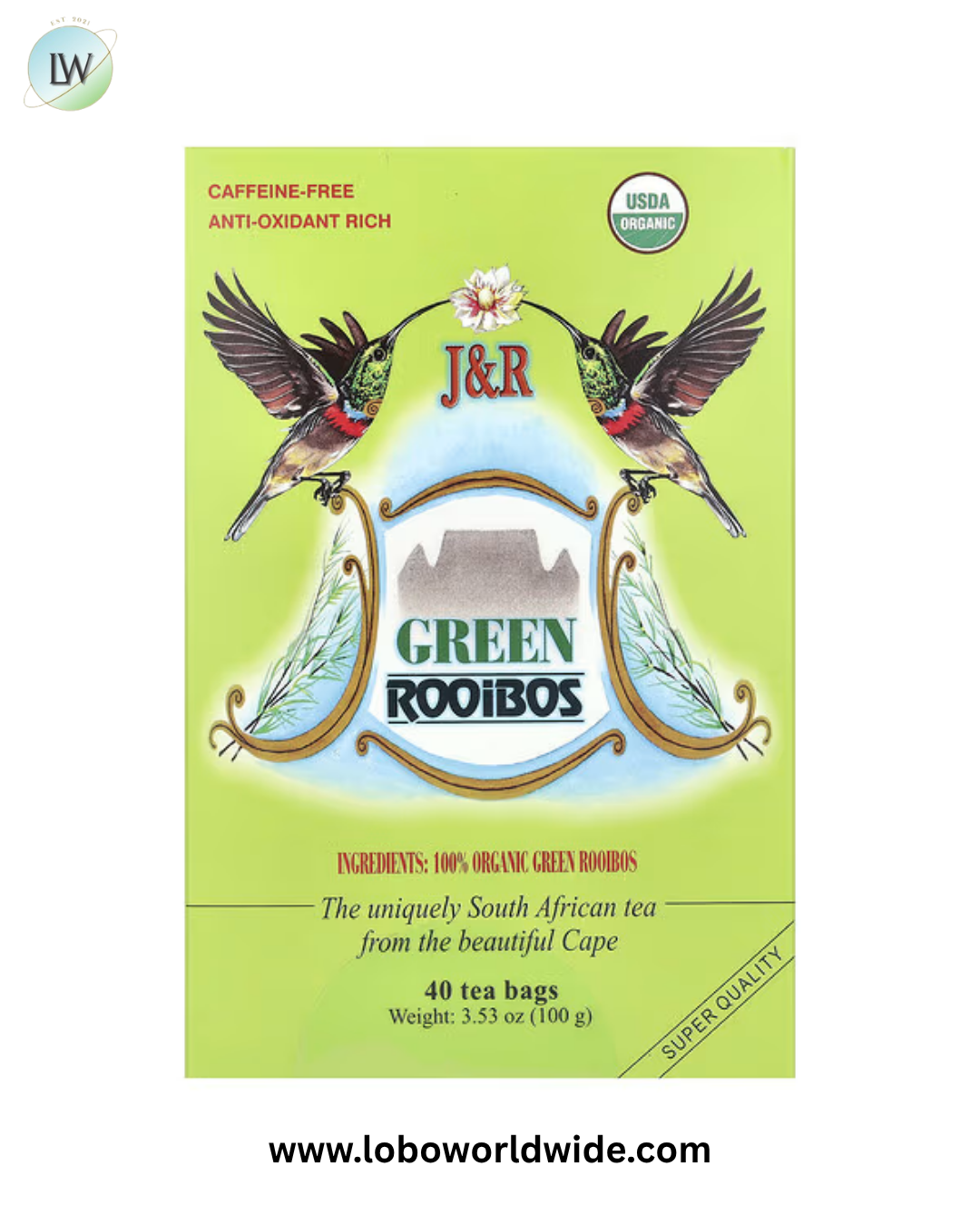 J&R Port Trading, Green Rooibos, Caffeine-Free, 40 Tea Bags, 3.53 oz (100 g)