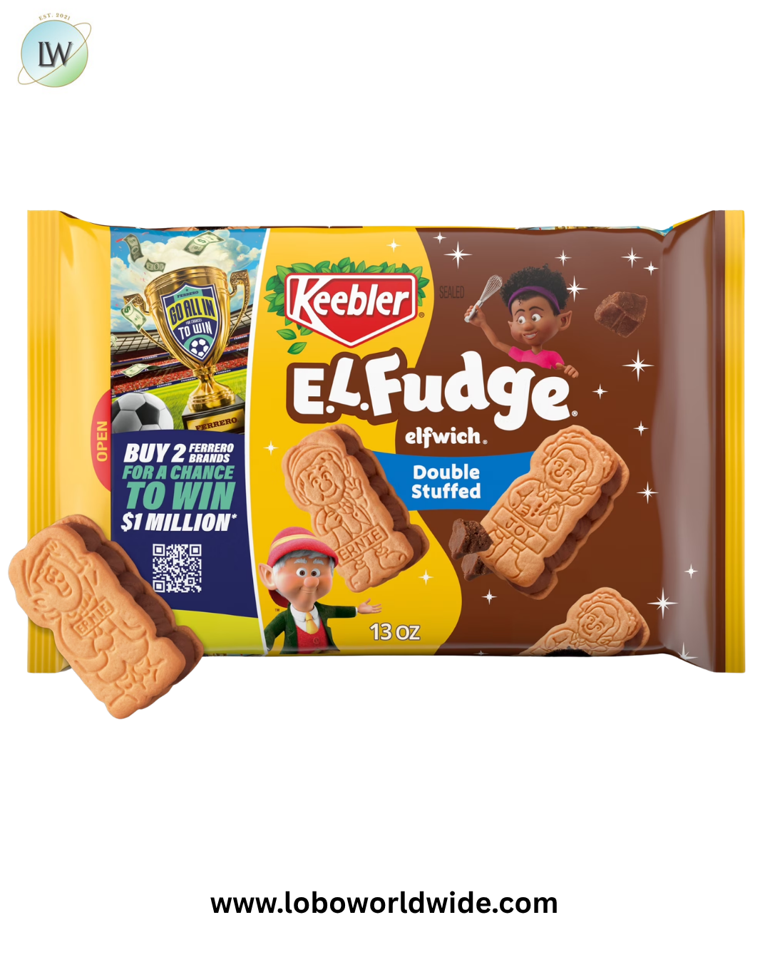 Keebler E.L. Fudge Double Stuffed Elfwich Cookies, Sandwich Cookies Stuffed with Cr�me Filling, 13 oz
