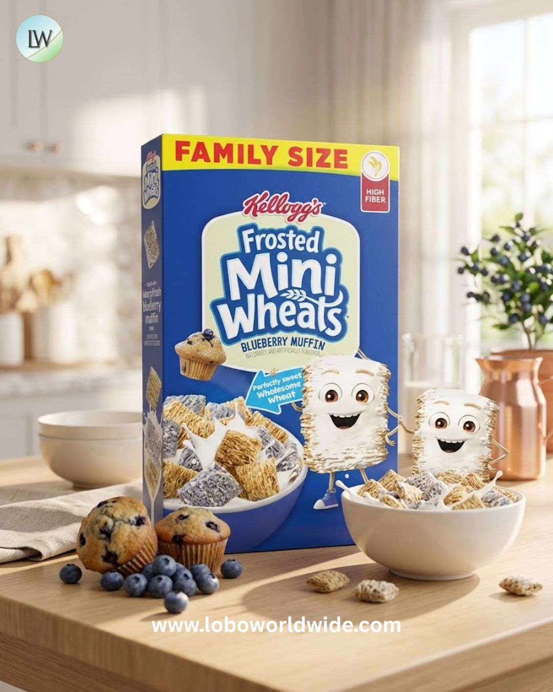Kellogg's Frosted Mini-Wheats Breakfast Cereal, Kids Cereal, Family Breakfast, Family Size, Blueberry Muffin, 20oz Box (1 Box)
