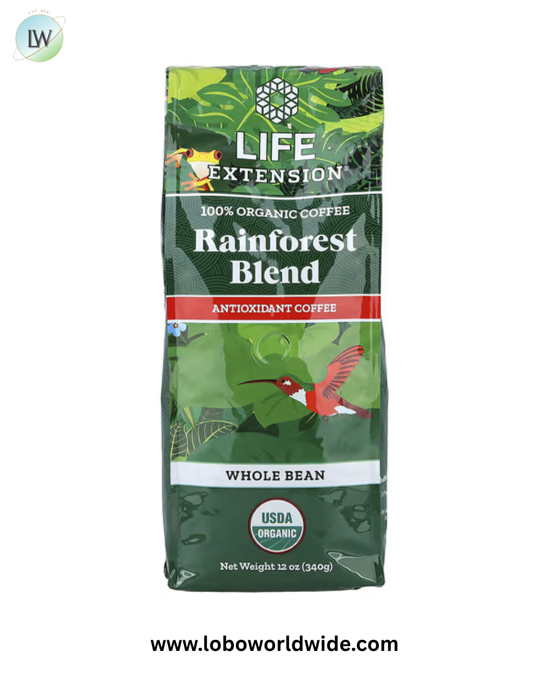 Life Extension, 100% Organic Coffee, Rainforest Blend, Whole Bean, 12 oz (340 g)